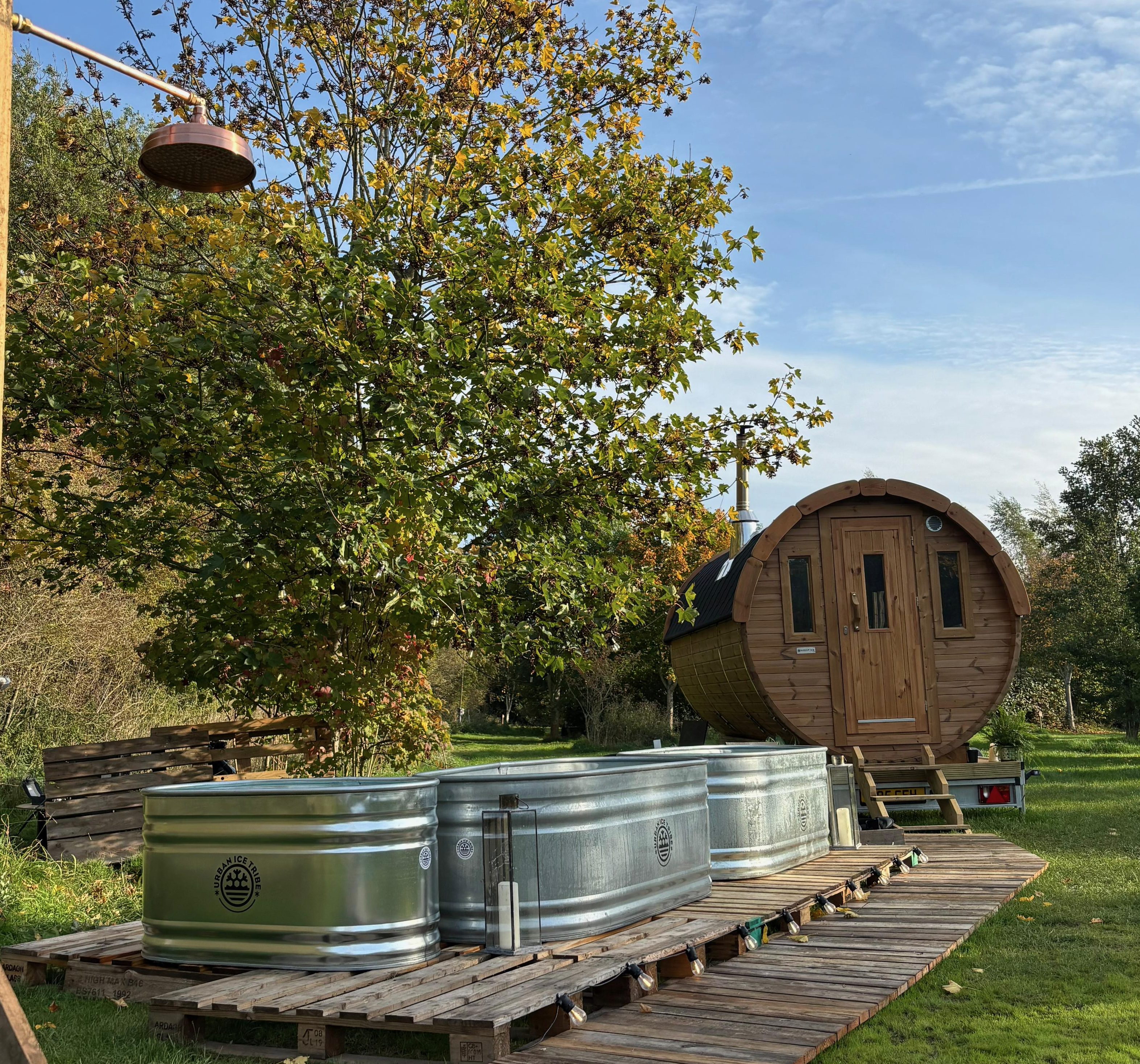 Wood-fired sauna at Ice & Embers Club @ Baxby Manor, North Yorkshire